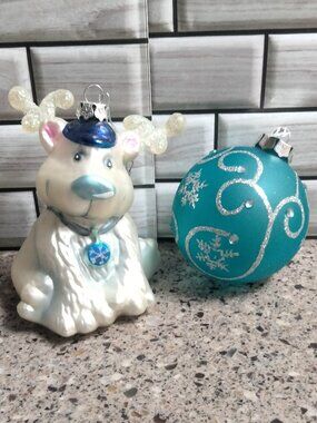 DUO: Vintage Blown Glass Reindeer & NWT Blue Glass Ornaments